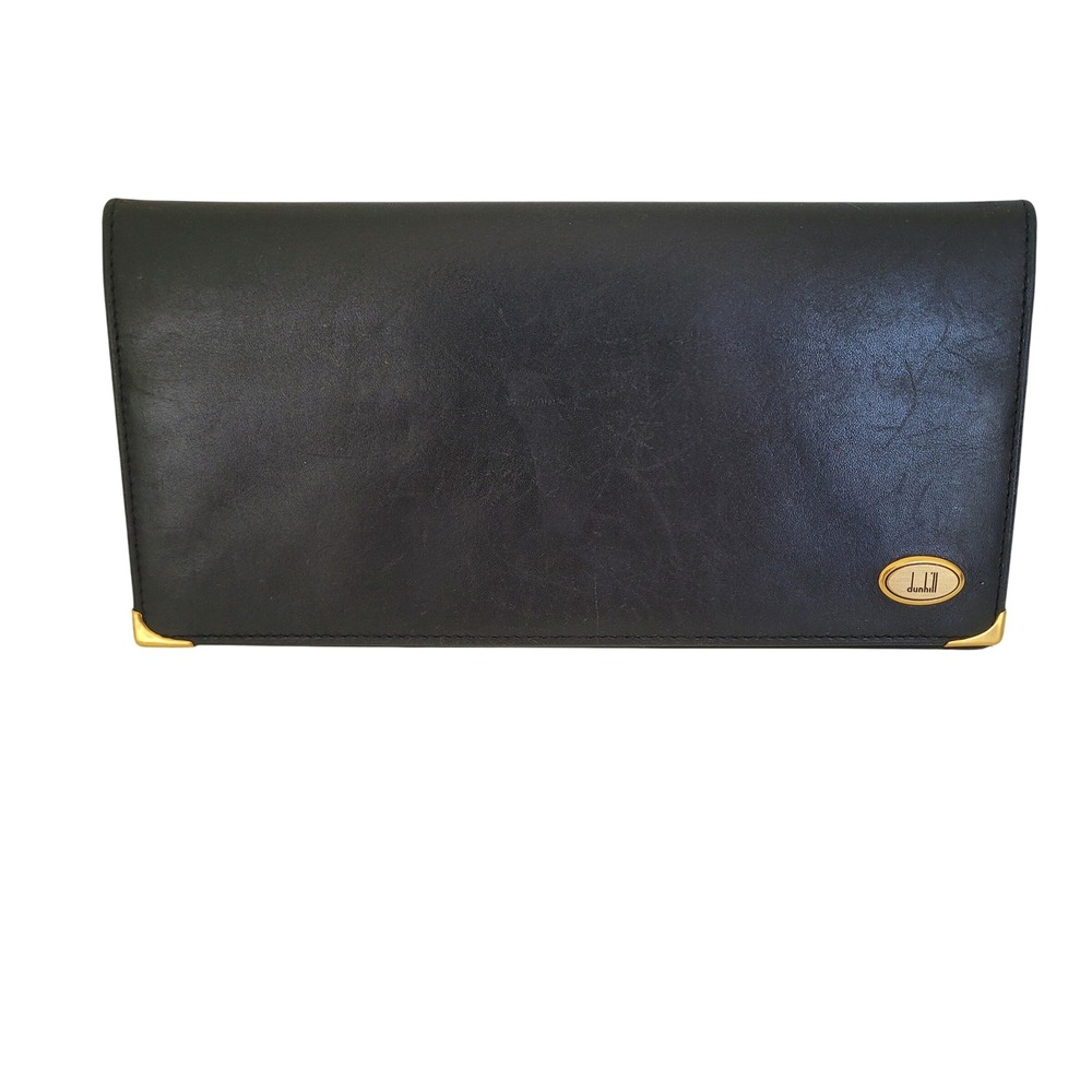 Dunhill Black Leather Long Bifold Wallet Gold Hardware Made in Spain Vintage